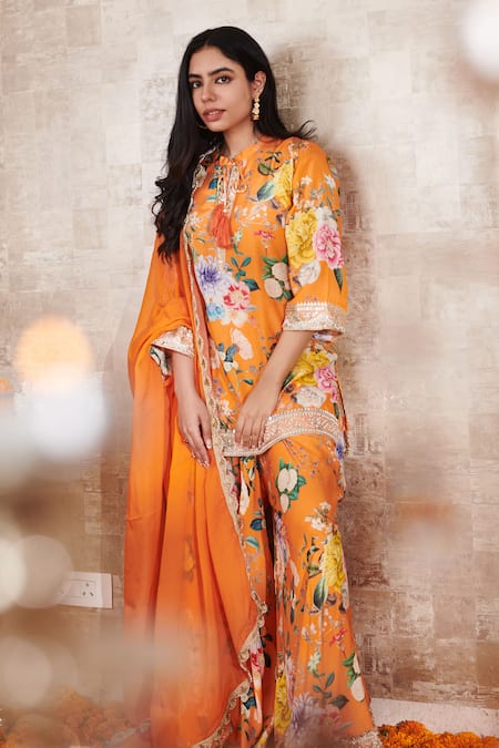 Shop_Rainas_Orange Cotton, Silk, Chiffon Embroidery Floral Pattern Kurta Sharara Set _Online_at_Aza_Fashions