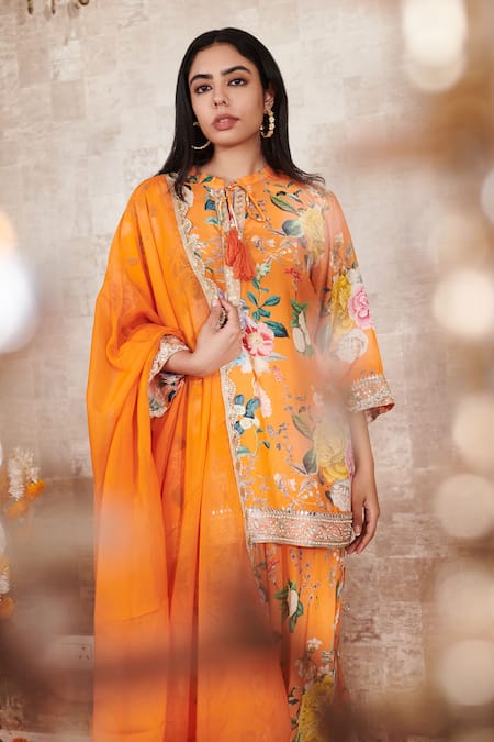 Rainas_Orange Cotton, Silk, Chiffon Embroidery Floral Pattern Kurta Sharara Set _at_Aza_Fashions