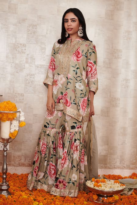 Shop Rainas Beige Cotton, Silk Embroidery, Sequins Round Neck Floral Print Kurta Gharara Set at Aza Fashions Shop_Rainas_Beige Cotton, Silk Embroidery, Sequins Round Neck Floral Print Kurta Gharara Set_at_Aza_Fashions
