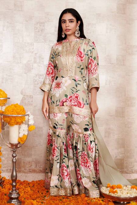 Rainas_Beige Cotton, Silk Embroidery, Sequins Round Neck Floral Print Kurta Gharara Set_Online_at_Aza_Fashions