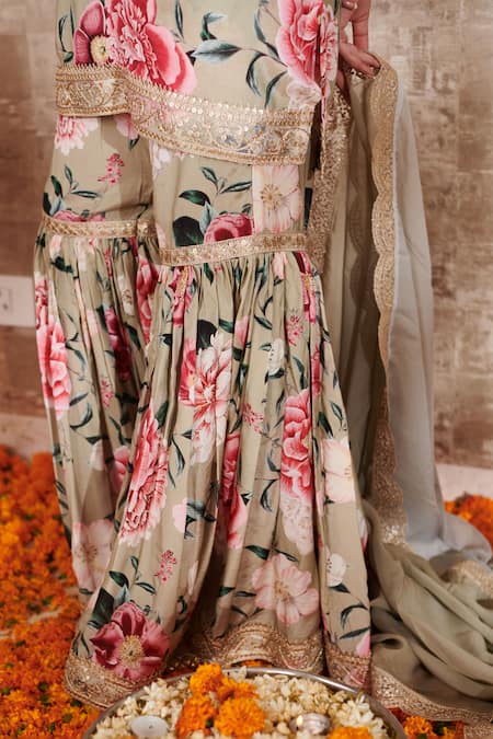 Buy Rainas Beige Cotton, Silk Embroidery, Sequins Round Neck Floral Print Kurta Gharara Set Online at Aza Fashions Buy_Rainas_Beige Cotton, Silk Embroidery, Sequins Round Neck Floral Print Kurta Gharara Set_Online_at_Aza_Fashions