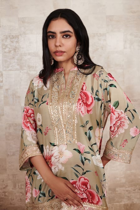 Shop Rainas Beige Cotton, Silk Embroidery, Sequins Round Neck Floral Print Kurta Gharara Set Online at Aza Fashions Shop_Rainas_Beige Cotton, Silk Embroidery, Sequins Round Neck Floral Print Kurta Gharara Set_Online_at_Aza_Fashions