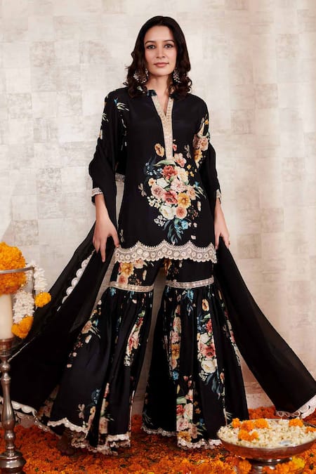 Rainas Floral Pattern Kurta Gharara Set 