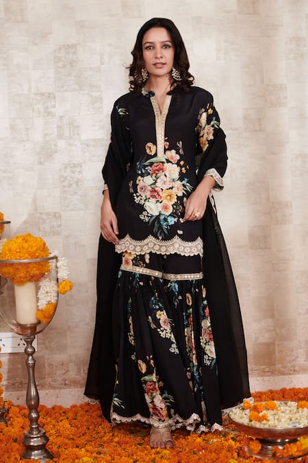 Rainas Floral Pattern Kurta Gharara Set 