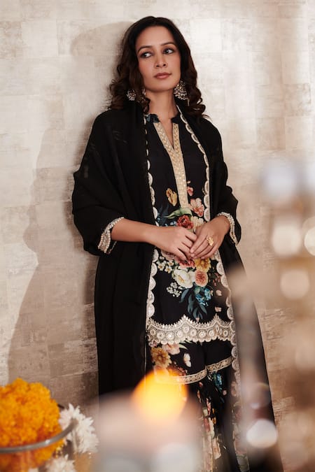 Shop_Rainas_Black Cotton, Silk Embroidery Round Neck Floral Pattern Kurta Gharara Set _Online_at_Aza_Fashions