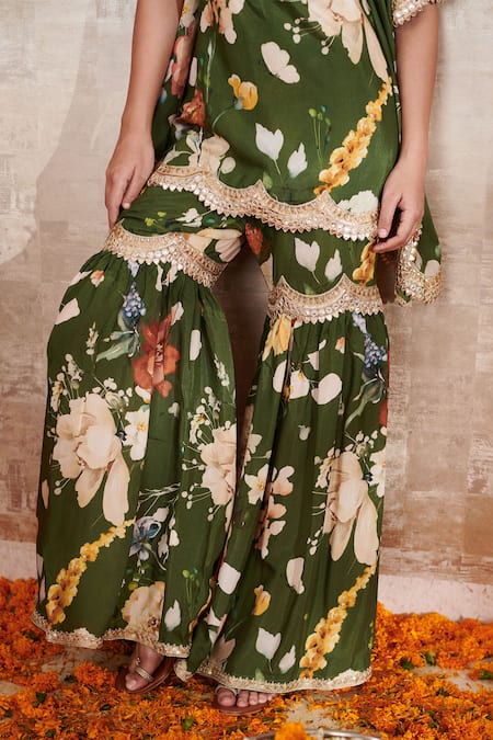 Buy Rainas Green Cotton, Silk Gota Patti, Embroidery V-neck Floral Print Kurta With Gharara Online at Aza Fashions Buy_Rainas_Green Cotton, Silk Gota Patti, Embroidery V-neck Floral Print Kurta With Gharara_Online_at_Aza_Fashions