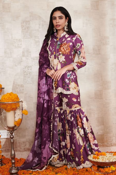 Rainas_Purple Cotton, Silk, Chiffon Embroidery Bandeau Scallop Hem Kurta Gharara Set_Online_at_Aza_Fashions