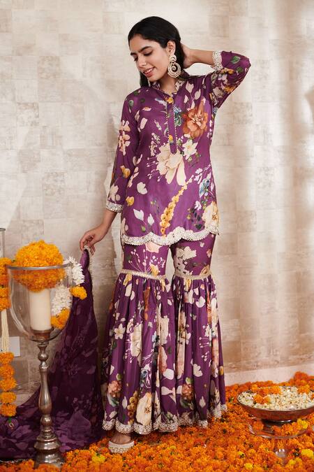 Shop_Rainas_Purple Cotton, Silk, Chiffon Embroidery Bandeau Scallop Hem Kurta Gharara Set_Online_at_Aza_Fashions
