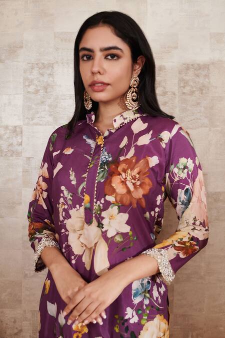Rainas_Purple Cotton, Silk, Chiffon Embroidery Bandeau Scallop Hem Kurta Gharara Set_at_Aza_Fashions