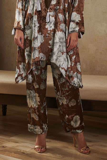 Rainas_Brown Velvet Tassels Bandeau Neck Floral Print Kurta Pant Set_Online_at_Aza_Fashions