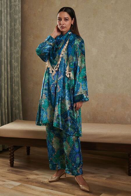 Rainas_Blue Velvet Tassels V-neck Asymmetric Printed Kurta Pant Set_Online_at_Aza_Fashions