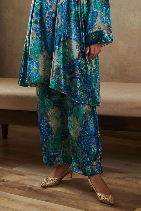 Buy_Rainas_Blue Velvet Tassels V-neck Asymmetric Printed Kurta Pant Set_Online_at_Aza_Fashions