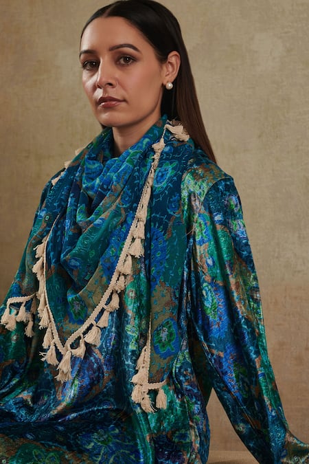 Shop_Rainas_Blue Velvet Tassels V-neck Asymmetric Printed Kurta Pant Set_Online_at_Aza_Fashions