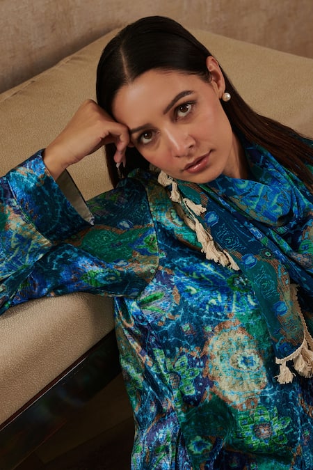 Rainas_Blue Velvet Tassels V-neck Asymmetric Printed Kurta Pant Set_at_Aza_Fashions