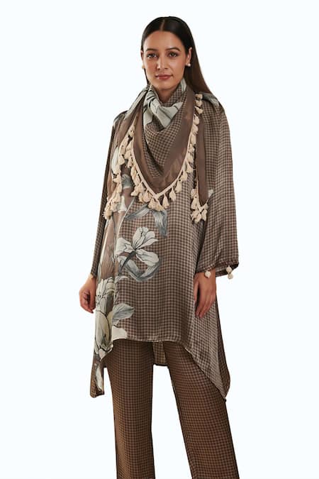 Buy_Rainas_Brown Cotton, Satin Tassels Collared Flower Pattern Kurta Pant Set_Online_at_Aza_Fashions