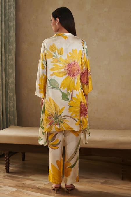 Shop_Rainas_Yellow Cotton, Satin Tassels Collared Sunflower Print Kurta Pant Set _at_Aza_Fashions