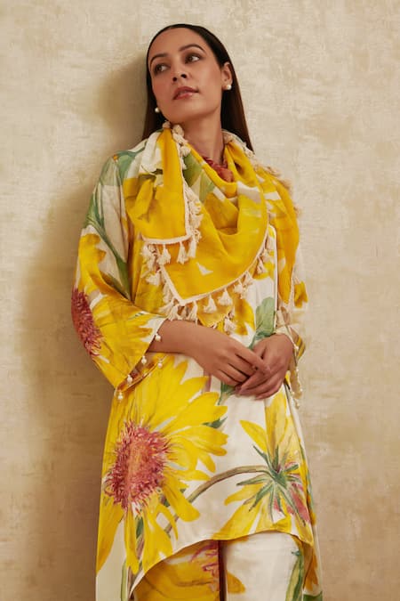 Rainas_Yellow Cotton, Satin Tassels Collared Sunflower Print Kurta Pant Set _Online_at_Aza_Fashions