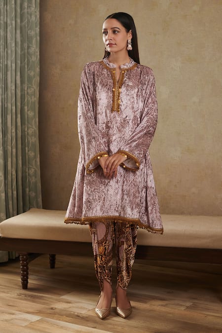 Buy_Rainas_Pink Velvet, Chiffon Lace Collared Abstract Kurta And Dhoti Pant Set_Online_at_Aza_Fashions