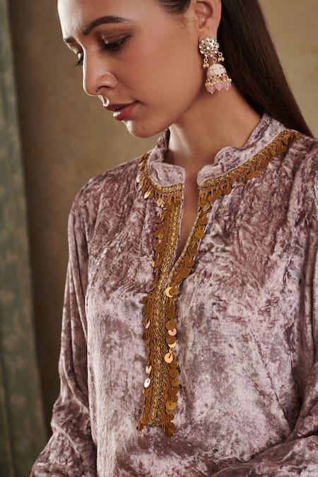 Shop_Rainas_Pink Velvet, Chiffon Lace Collared Abstract Kurta And Dhoti Pant Set_Online_at_Aza_Fashions