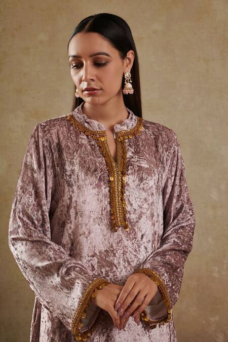 Rainas_Pink Velvet, Chiffon Lace Collared Abstract Kurta And Dhoti Pant Set_at_Aza_Fashions