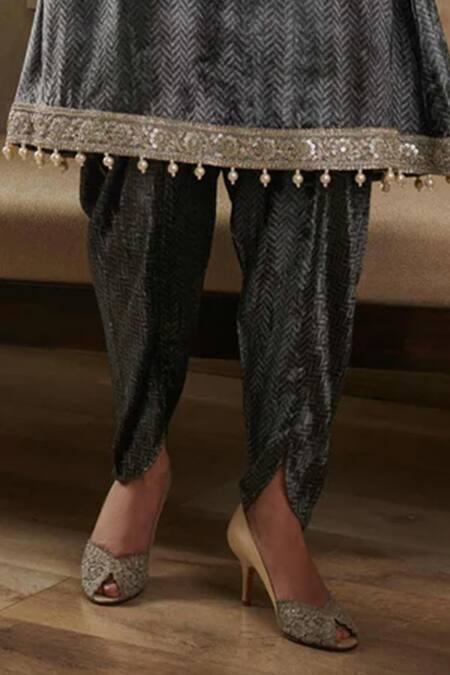 Rainas_Grey Velvet Pearls Mandarin Collar Chevron Pattern A-line Kurta With Dhoti Pant _Online_at_Aza_Fashions