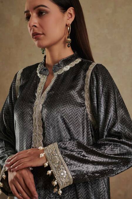 Shop_Rainas_Grey Velvet Pearls Mandarin Collar Chevron Pattern A-line Kurta With Dhoti Pant _Online_at_Aza_Fashions