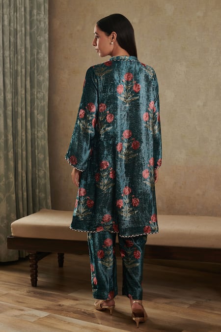 Shop Rainas Blue Velvet Embroidery, Tassels Bandeau Neck Blossom Print Kurta Pant Set at Aza Fashions Shop_Rainas_Blue Velvet Embroidery, Tassels Bandeau Neck Blossom Print Kurta Pant Set _at_Aza_Fashions