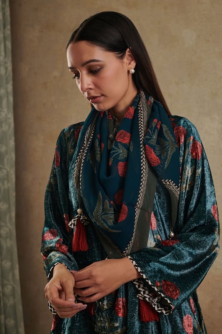 Rainas Blue Velvet Embroidery, Tassels Bandeau Neck Blossom Print Kurta Pant Set Online at Aza Fashions Rainas_Blue Velvet Embroidery, Tassels Bandeau Neck Blossom Print Kurta Pant Set _Online_at_Aza_Fashions