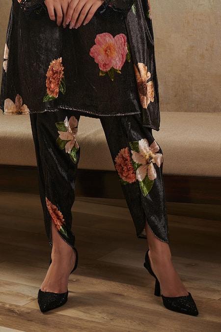 Rainas_Black Velvet Bandeau Neck Flower Print Kurta With Dhoti Pant_Online_at_Aza_Fashions