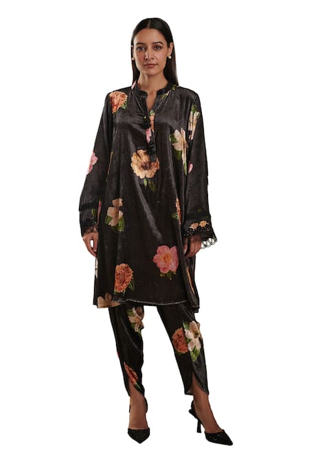 Shop_Rainas_Black Velvet Bandeau Neck Flower Print Kurta With Dhoti Pant_Online_at_Aza_Fashions