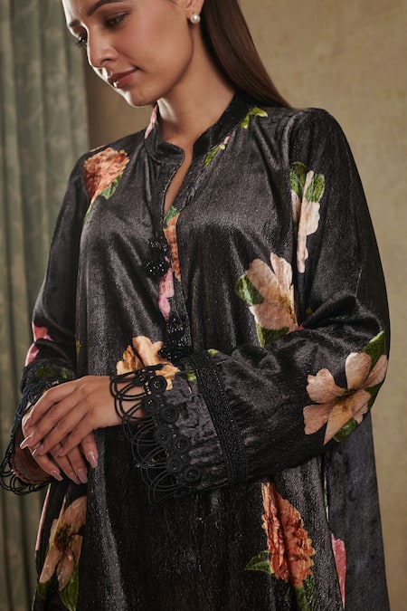 Rainas_Black Velvet Bandeau Neck Flower Print Kurta With Dhoti Pant_at_Aza_Fashions
