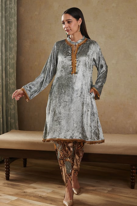 Shop_Rainas_Grey Velvet Lace, Tassels Bandeau Neck Detailed Kurta Dhoti Pant Set _at_Aza_Fashions
