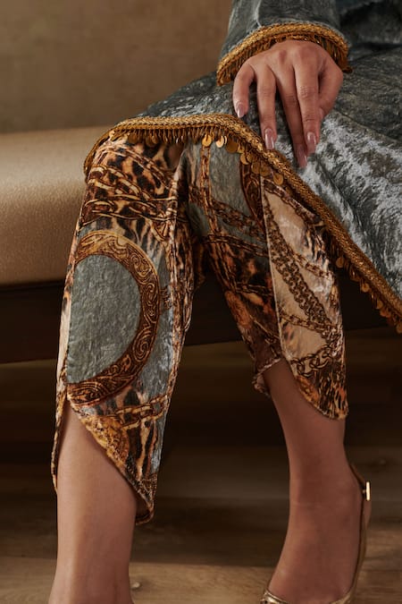 Buy_Rainas_Grey Velvet Lace, Tassels Bandeau Neck Detailed Kurta Dhoti Pant Set _Online_at_Aza_Fashions