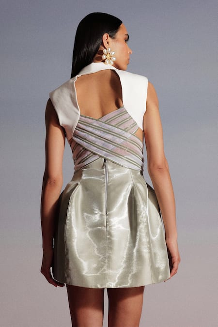 Shop Sameer Madan Green Silk Organza, Satin Collared Absinthe Frappe Mini Dress at Aza Fashions Shop_Sameer Madan_Green Silk Organza, Satin Collared Absinthe Frappe Mini Dress _at_Aza_Fashions