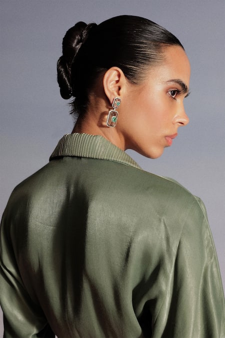 Shop Sameer Madan Green Cotton Satin, Leather Sequins Collared Sage Embellished Bodysuit at Aza Fashions Shop_Sameer Madan_Green Cotton Satin, Leather Sequins Collared Sage Embellished Bodysuit _at_Aza_Fashions