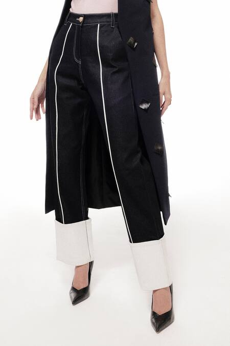 Shop Sameer Madan Blue Denim, Leather Embroidery After Five Jeans at Aza Fashions Shop_Sameer Madan_Blue Denim, Leather Embroidery After Five Jeans _at_Aza_Fashions