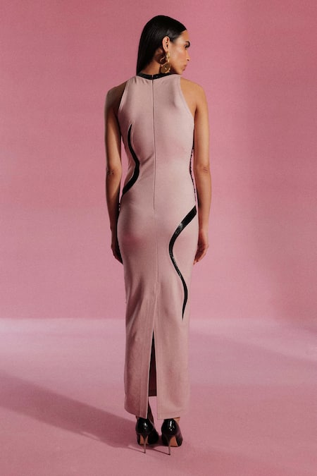 Shop Sameer Madan Black Jersey, Lycra, Leather Sequins, Beads Aviation Color Blocked Bodycon Dress at Aza Fashions Shop_Sameer Madan_Black Jersey, Lycra, Leather Sequins, Beads Aviation Color Blocked Bodycon Dress _at_Aza_Fashions