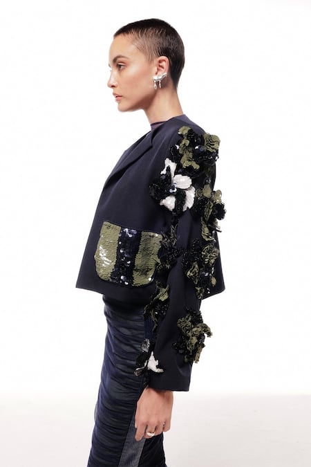 Shop Sameer Madan Blue Taffeta Sequins, Applique Open Neck Azzurro Cropped Jacket at Aza Fashions Shop_Sameer Madan_Blue Taffeta Sequins, Applique Open Neck Azzurro Cropped Jacket _at_Aza_Fashions