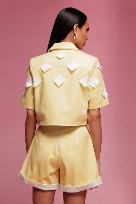 Shop Sameer Madan Yellow Denim, Leather Beach Bums Shorts at Aza Fashions Shop_Sameer Madan_Yellow Denim, Leather Beach Bums Shorts _at_Aza_Fashions