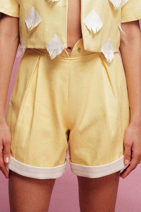 Sameer Madan Yellow Denim, Leather Beach Bums Shorts Online at Aza Fashions Sameer Madan_Yellow Denim, Leather Beach Bums Shorts _Online_at_Aza_Fashions