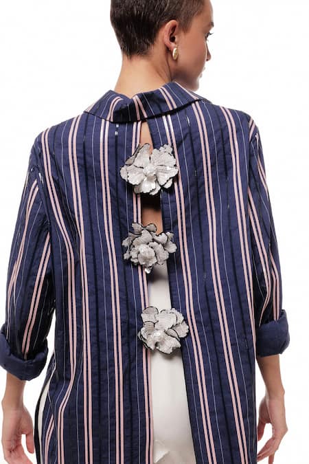 Sameer Madan Blue Cotton, Leather Embroidery Collared Arrow Martini Stripped Shirt Online at Aza Fashions Sameer Madan_Blue Cotton, Leather Embroidery Collared Arrow Martini Stripped Shirt _Online_at_Aza_Fashions