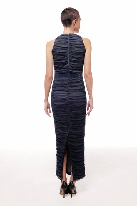 Shop Sameer Madan Green Jersey, Faux Leather, Net Sequins Round Neck Kamikaze Rushed Bodycon Dress at Aza Fashions Shop_Sameer Madan_Green Jersey, Faux Leather, Net Sequins Round Neck Kamikaze Rushed Bodycon Dress _at_Aza_Fashions