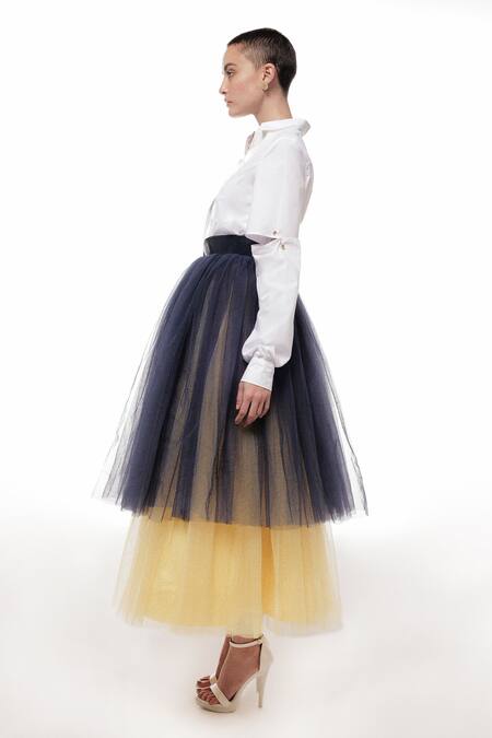 Sameer Madan Blue Cotton, Net Island Long Tiered Skirt Online at Aza Fashions Sameer Madan_Blue Cotton, Net Island Long Tiered Skirt _Online_at_Aza_Fashions