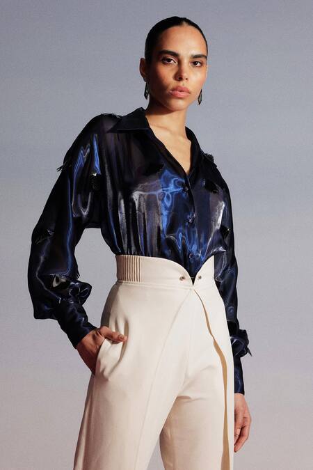 Sameer Madan Blue Organza, Leather Collared Applique Shirt Bodysuit Online at Aza Fashions Sameer Madan_Blue Organza, Leather Collared Applique Shirt Bodysuit _Online_at_Aza_Fashions