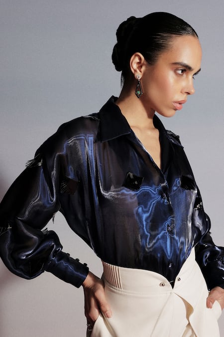 Buy Sameer Madan Blue Organza, Leather Collared Applique Shirt Bodysuit Online at Aza Fashions Buy_Sameer Madan_Blue Organza, Leather Collared Applique Shirt Bodysuit _Online_at_Aza_Fashions