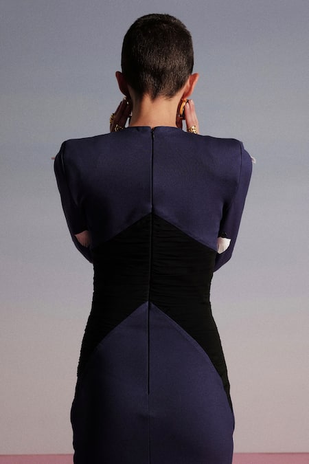 Shop Sameer Madan Blue Jersey, Lycra Applique Round Neck Blueberry Martini Bodycon Dress at Aza Fashions Shop_Sameer Madan_Blue Jersey, Lycra Applique Round Neck Blueberry Martini Bodycon Dress _at_Aza_Fashions