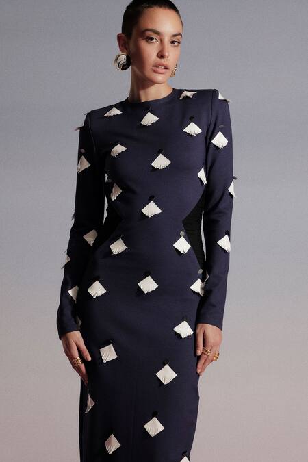 Sameer Madan Blue Jersey, Lycra Applique Round Neck Blueberry Martini Bodycon Dress Online at Aza Fashions Sameer Madan_Blue Jersey, Lycra Applique Round Neck Blueberry Martini Bodycon Dress _Online_at_Aza_Fashions