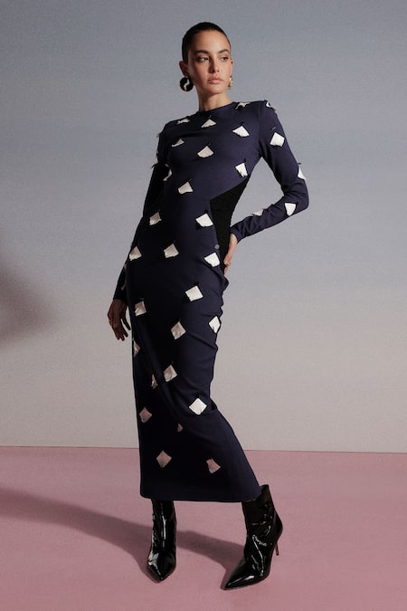 Buy Sameer Madan Blue Jersey, Lycra Applique Round Neck Blueberry Martini Bodycon Dress Online at Aza Fashions Buy_Sameer Madan_Blue Jersey, Lycra Applique Round Neck Blueberry Martini Bodycon Dress _Online_at_Aza_Fashions