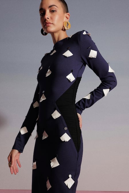 Shop Sameer Madan Blue Jersey, Lycra Applique Round Neck Blueberry Martini Bodycon Dress Online at Aza Fashions Shop_Sameer Madan_Blue Jersey, Lycra Applique Round Neck Blueberry Martini Bodycon Dress _Online_at_Aza_Fashions