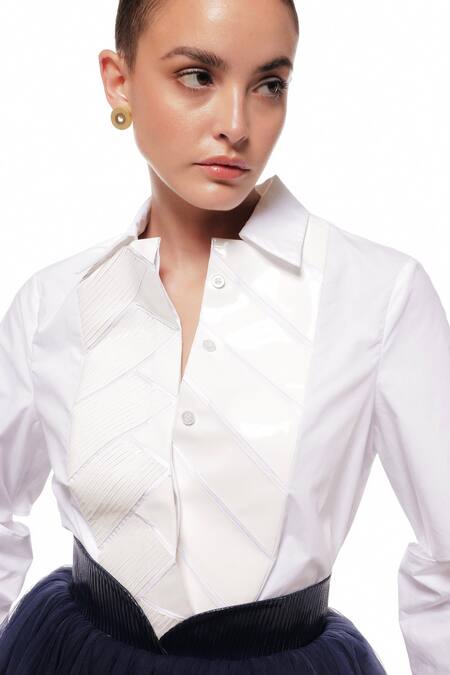 Sameer Madan_White Cotton, Leather Collared Bronx Work Cropped Shirt _Online_at_Aza_Fashions